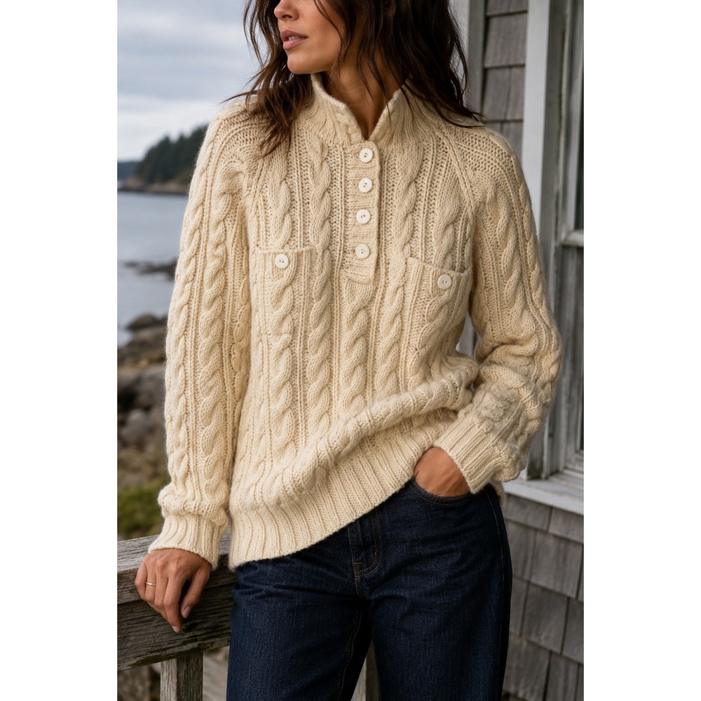Vintage Brass Plum Nordstrom 100% Wool Cable Knit Fisherman Sweater Ivory L